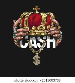 cash slogan in king crown and gold necklace vector illustration on black background