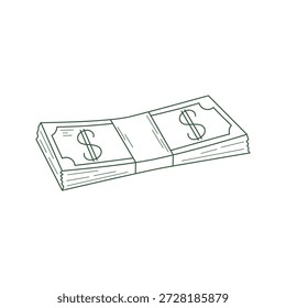 Cash in stack, doodle sketch style illustration. Stack of dollars, linear hand drawn icon. Vector element