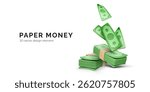 Cash Stack with Flying Dollar Bills in 3D Cartoon Style. Financial Success. Banking, and Earnings Concept on White Background. Great for UI or App Use. Vector Illustration