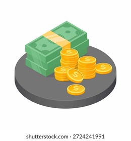 Exibição isométrica do símbolo de caixa. Pilha de moeda de ouro em dinheiro com símbolo de dólar vetor moeda ilustração.