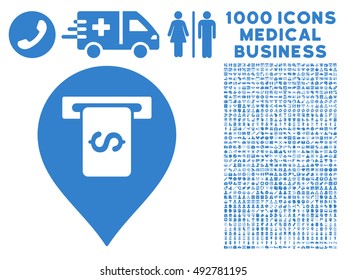 Cash Terminal Pointer icon with 1000 medical business cobalt vector pictographs. Design style is flat symbols, white background.