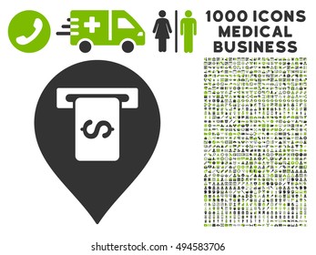 Cash Terminal Pointer icon with 1000 medical commerce eco green and gray vector pictographs. Collection style is flat bicolor symbols, white background.