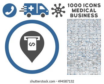 Cash Terminal Pointer icon with 1000 medical commerce cobalt and gray vector pictograms. Clipart style is flat bicolor symbols, white background.