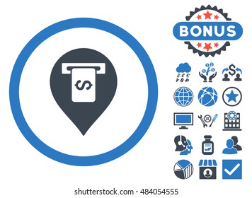 Cash Terminal Pointer icon with bonus pictures. Vector illustration style is flat iconic bicolor symbols, smooth blue colors, white background.