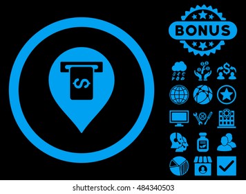 Cash Terminal Pointer icon with bonus pictogram. Vector illustration style is flat iconic symbols, blue color, black background.