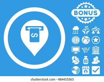 Cash Terminal Pointer icon with bonus symbols. Vector illustration style is flat iconic symbols, white color, blue background.