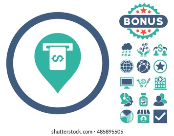 Cash Terminal Pointer icon with bonus images. Vector illustration style is flat iconic bicolor symbols, cobalt and cyan colors, white background.