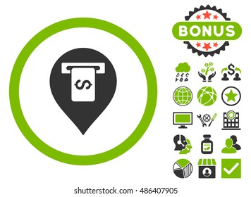 Cash Terminal Pointer icon with bonus pictogram. Vector illustration style is flat iconic bicolor symbols, eco green and gray colors, white background.