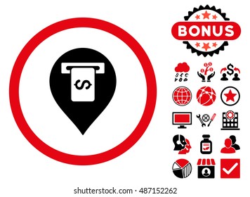 Cash Terminal Pointer icon with bonus symbols. Vector illustration style is flat iconic bicolor symbols, intensive red and black colors, white background.