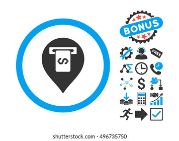 Cash Terminal Pointer icon with bonus pictogram. Vector illustration style is flat iconic bicolor symbols, blue and gray colors, white background.