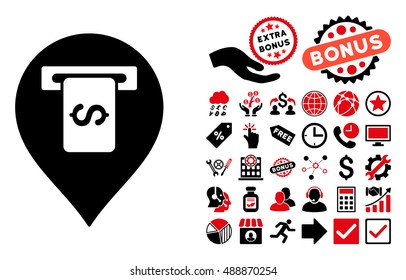 Cash Terminal Pointer pictograph with bonus elements. Vector illustration style is flat iconic bicolor symbols, intensive red and black colors, white background.
