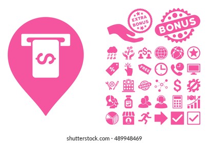 Cash Terminal Pointer pictograph with bonus design elements. Vector illustration style is flat iconic symbols, pink color, white background.