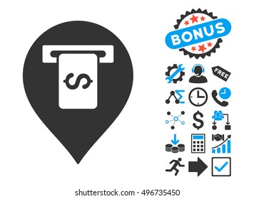 Cash Terminal Pointer pictograph with bonus clip art. Vector illustration style is flat iconic bicolor symbols, blue and gray colors, white background.
