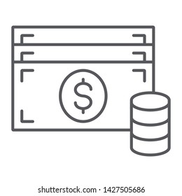 Cash thin line icon, finance and currency, money sign, vector graphics, a linear pattern on a white background, eps 10.
