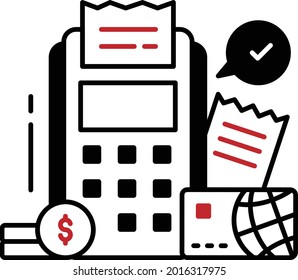 Cash Till or Invoice Machine Vector Icon Design, Business and Management Symbol, Banking and finance Sign, ECommerce and Cashless Stock illustration, Point of sale terminal with bill and card Concept