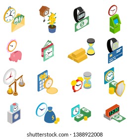 Cash time icons set. Isometric set of 16 cash time vector icons for web isolated on white background