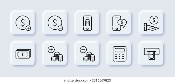 Cash transactions. Neomorphism, black, different money transactions. Vector icons.