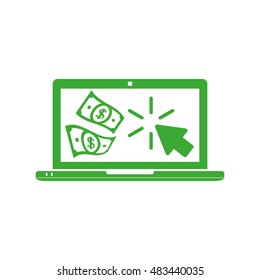 Cash transactions on your computer. Notebook, dollars and mouse clicks are made in a flat style. Vector illustration eps10.