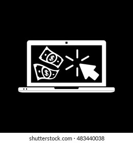 Cash transactions on your computer. Notebook, dollars and mouse clicks are made in a flat style. Vector illustration eps10.