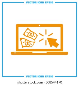 Cash transactions on your laptop. Notebook, dollars and mouse clicks are made in a flat style. Vector illustration eps10.