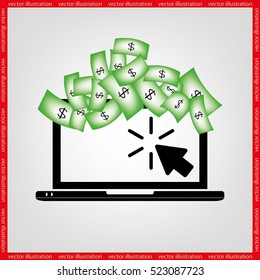 Cash transactions on your laptop. Notebook, dollars and mouse clicks are made in a flat style. Vector illustration eps10.