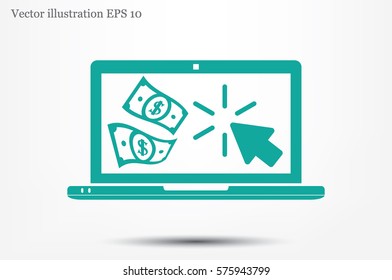 Cash transactions on your laptop. Notebook, dollars and mouse clicks are made in a flat style. Vector illustration.