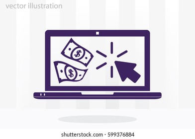 Cash transactions on your laptop. Notebook, dollars and mouse clicks are made in a flat style. Vector illustration eps10.