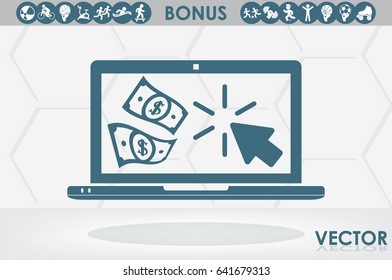 Cash transactions on your laptop. Notebook, dollars and mouse clicks are made in a flat style. Vector illustration eps10.