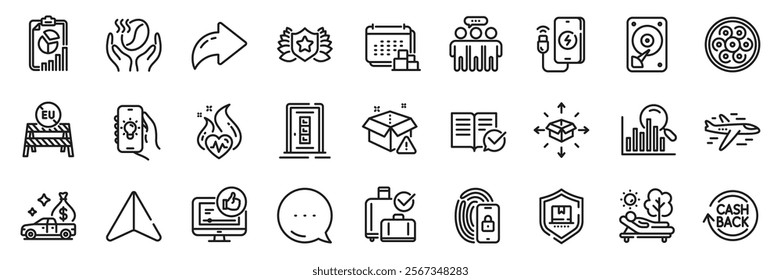 Cash transit, Cable section and Laureate line icons pack. Share, Message, Paper plane icons. Approved documentation, Electric app, Report web icon. Baggage reclaim, Delivery, Hdd pictogram. Vector