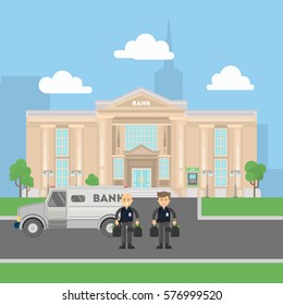 Cash transit guards with van. Two smiling men in bulletproof vests with money bags. Landscape with bank building.