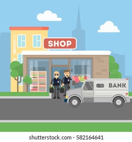 Cash transit guards with van. Two smiling men in bulletproof vests with money bags. Landscape with shop building.