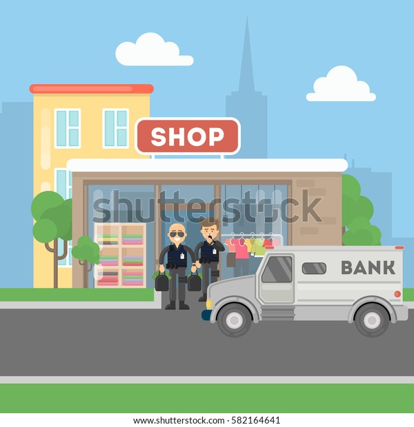 Cash transit\
guards with van. Two smiling men in bulletproof vests with money\
bags. Landscape with shop\
building.