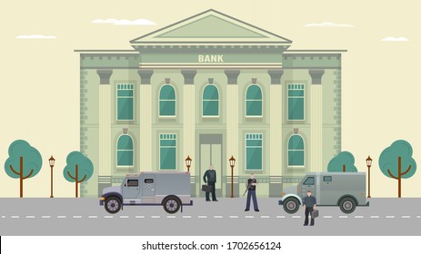 Cash transit guards vector illustration. Cartoon flat man characters in bulletproof vests standing near armored vehicle, car van before money transition from bank. Security system guarding background