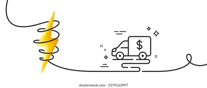 Icono de línea de tránsito de efectivo. Una línea continua con curl. Señal del camión recaudador de dinero. Símbolo de máquina de cobro de efectivo. Cinta única de esquema de tránsito de efectivo. Curva de bucle con energía. Vector