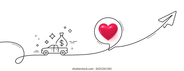 Cash transit line icon. Continuous line with share plane. Money collector car sign. Cash collection machine symbol. 3d heart in speech bubble. Cash transit single line ribbon. Vector