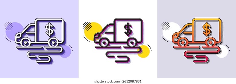 Cash transit line icon. Halftone dotted pattern. Gradient icon with grain shadow. Money collector truck sign. Cash collection machine symbol. Line cash transit icon. Various designs. Vector