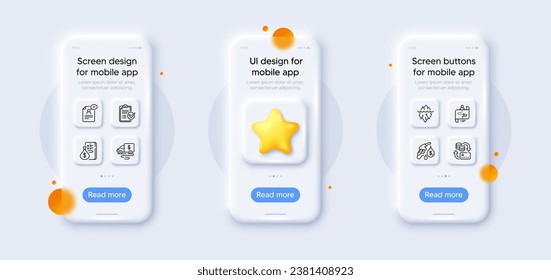 Cash transit, Money and Survey checklist line icons pack. 3d phone mockups with star. Glass smartphone screen. Money change, Journey path, Resume document web icon. Vector