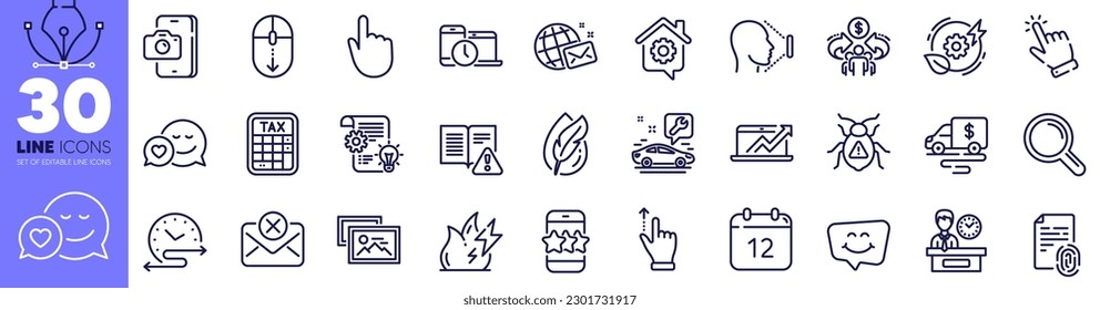 Cash transit, Phone photo and Sales diagram line icons pack. Presentation time, Photo album, Research web icon. Fire energy, Touchscreen gesture, Cursor pictogram. Star, Scroll down, Face id. Vector
