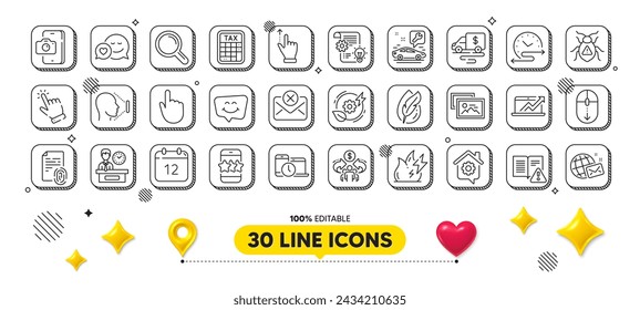 Cash transit, Phone photo and Sales diagram line icons pack. 3d design elements. Presentation time, Photo album, Research web icon. Fire energy, Touchscreen gesture, Cursor pictogram. Vector