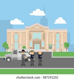 Cash transit security are robbed by thief in mask with a gun. Concept of stealing. Bank building with transit van.