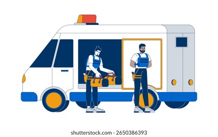 Guarda blindada do veículo de transporte de dinheiro transporte ilustração do vetor 2D. Dois seguranças descarregam sacos de personagens planos de caminhão bancário isolados sobre fundo branco. Imagem colorida em desenho animado
