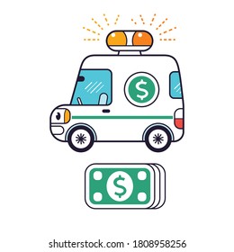 Cash In Transit Vehicle And Dollar Banknotes Stack Isolated, Money Delivery Van Truck, Bank Car Cartoon Vector.