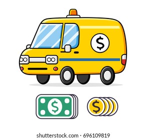 Cash In Transit Vehicle Isolated, Money Delivery Van Truck, Bank Car, Coins And Banknotes Icons.