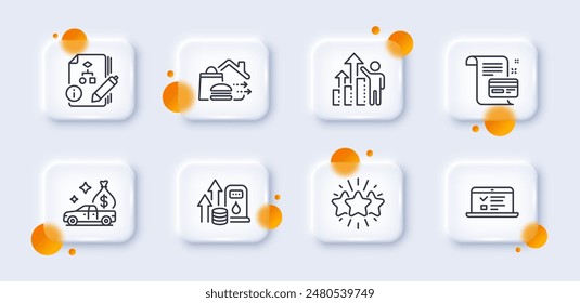 Cash transit, Web lectures and Star line icons pack. 3d glass buttons with blurred circles. Food delivery, Employee results, Fuel price web icon. Algorithm, Payment card pictogram. Vector