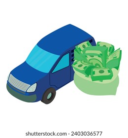 Cash transportation icon isometric vector. Transporting money car near money bag. Financial concept, collection service