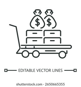 Ícone de carrinho de dinheiro carregando sacos de dinheiro. Carrinho carregando dinheiro e caixas, perfeito para conceitos financeiros em projetos de design como banners, apresentações e sites.