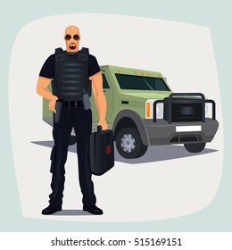 Cash And Valuables In Transit Guard Man In Bullet Proof Vest, Standing With Cash Or Money Suitcase. Right Hand On Holster Keeps Firearms. Armored Vehicle On Background. Vector Illustration