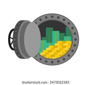 Cash vault money. Dollars and cash. Large round iron bulletproof vault door.