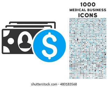 Cash vector bicolor icon with 1000 medical business icons. Set style is flat pictograms, blue and gray colors, white background.
