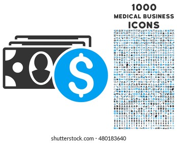 Cash vector bicolor icon with 1000 medical business icons. Set style is flat pictograms, blue and gray colors, white background.